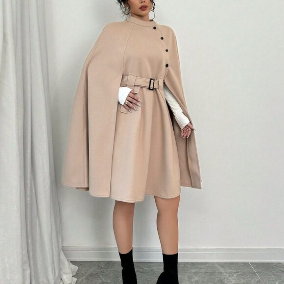 Khaki Elegant Women's Casual Cape Sleeve Button Decor Wool Blend Jacket - Picture 5 of 6